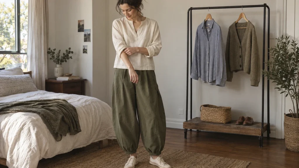Editorial illustration of a person beside a wardrobe rail, styling olive balloon pants with a relaxed ivory top ending at the high hip and cream sneakers visible below gathered ankles.