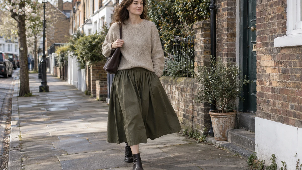 Street-style illustration of an adult wearing a loose, untucked oatmeal jumper with a full olive midi skirt and ankle boots on a neighbourhood pavement.