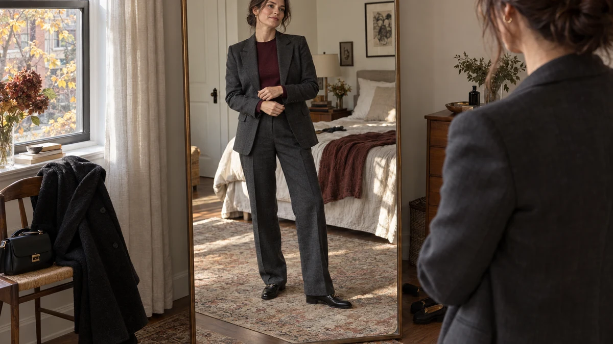 Fashion illustration of a woman checking a charcoal trouser suit, burgundy knit and black loafers in a bedroom mirror before an autumn restaurant opening.