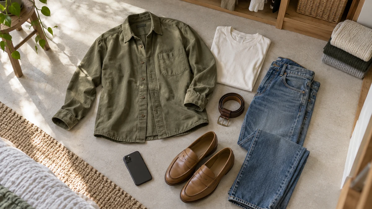 Illustrative flat lay of an olive overshirt with a T-shirt, jeans, loafers and belt beside an open wardrobe, suggesting outfit planning before decluttering.
