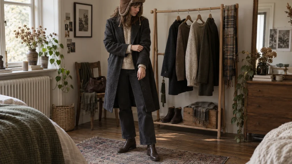 Fashion illustration of a person beside a wardrobe rail wearing a brown trapper hat, charcoal wool coat, straight trousers and leather boots in soft autumn daylight.