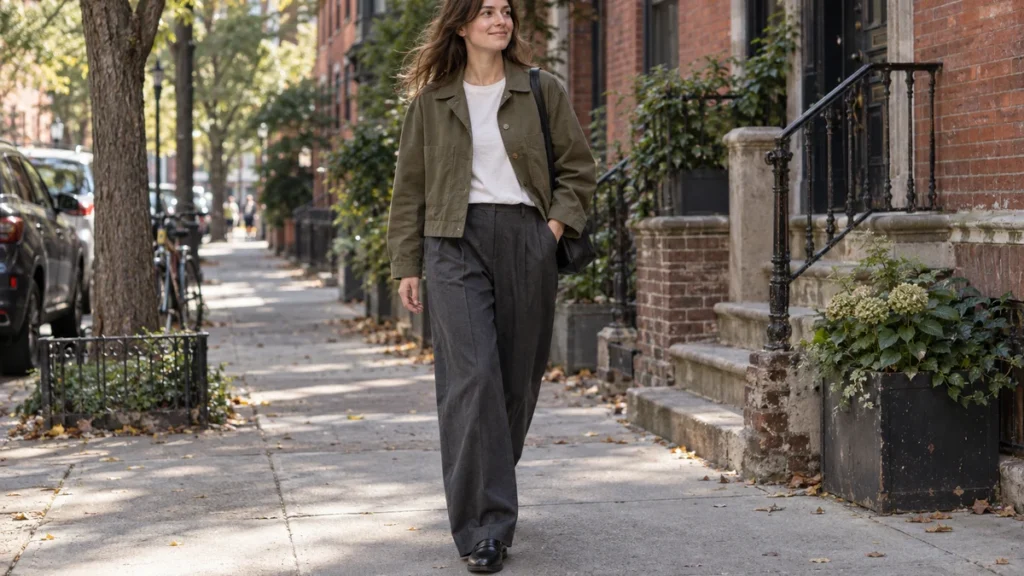 Street-style image of an adult walking in a cropped olive boxy jacket, ivory T-shirt and charcoal wide-leg trousers, showing the jacket length and relaxed fabric drape.