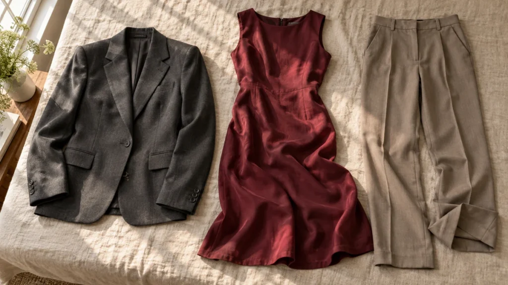 Illustrative flat lay of a structured blazer, burgundy dress and tailored trousers, showing how uneven daylight and fabric folds affect their appearance.