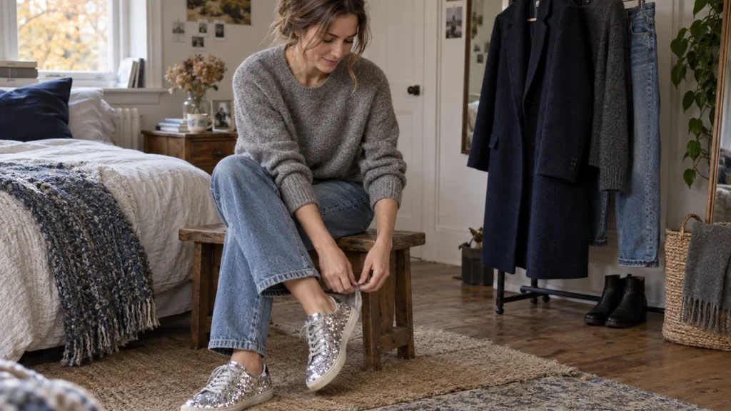 Fashion illustration of a person pairing silver-sequinned trainers with straight-leg jeans and a grey knit beside a wardrobe rail holding a navy wool coat.