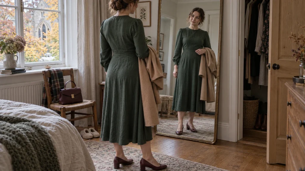 Illustration of a woman checking a green midi dress and burgundy pumps in a bedroom mirror, holding a camel coat for an autumn christening.