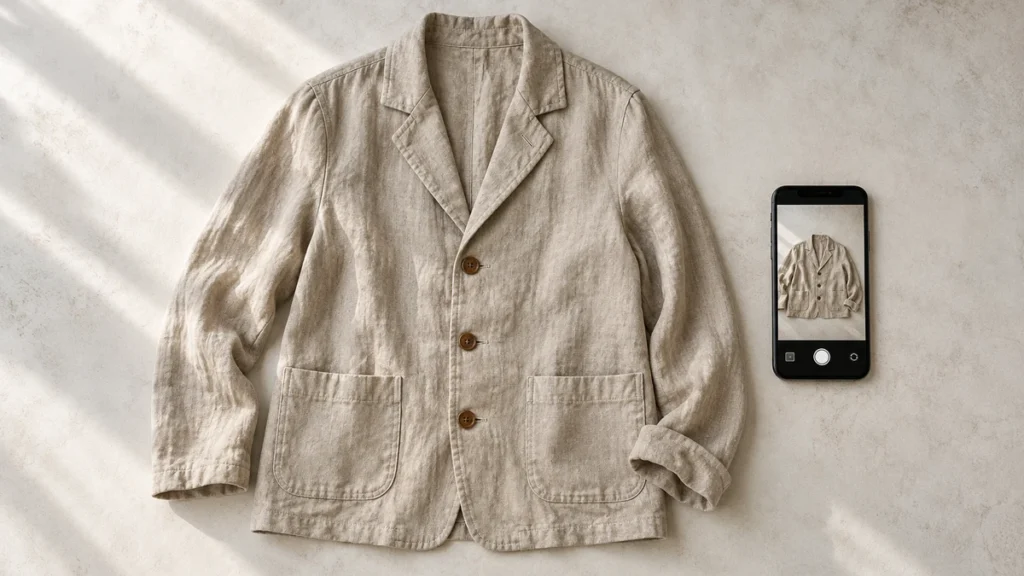 Illustration of an oatmeal linen jacket laid flat beside a phone showing the same garment in a camera preview, representing a garment photo for virtual try-on.