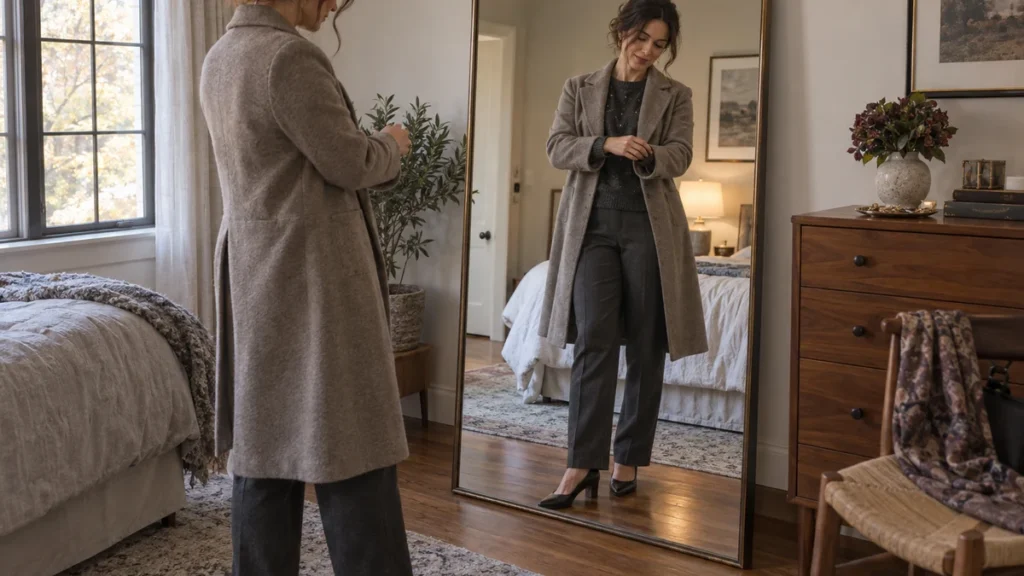 At-home mirror illustration of a guest wearing an embellished charcoal top, matching straight-leg trousers, black closed-toe pumps and a taupe coat for an October anniversary party.