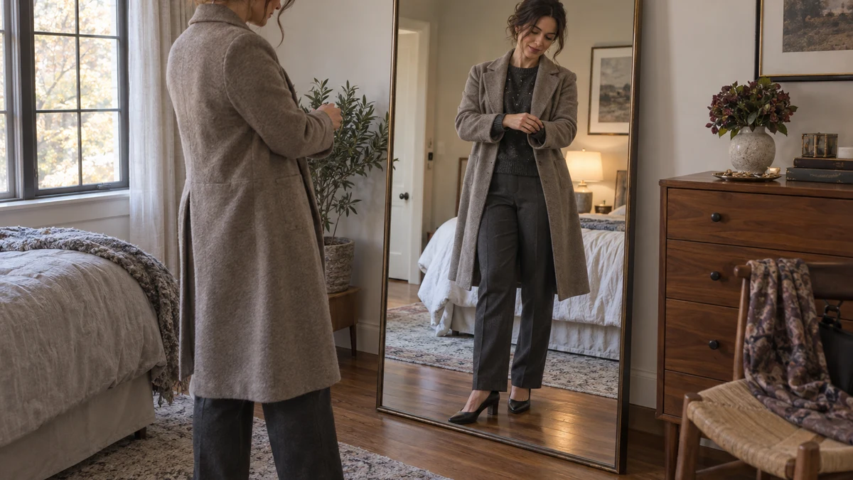 At-home mirror illustration of a guest wearing an embellished charcoal top, matching straight-leg trousers, black closed-toe pumps and a taupe coat for an October anniversary party.