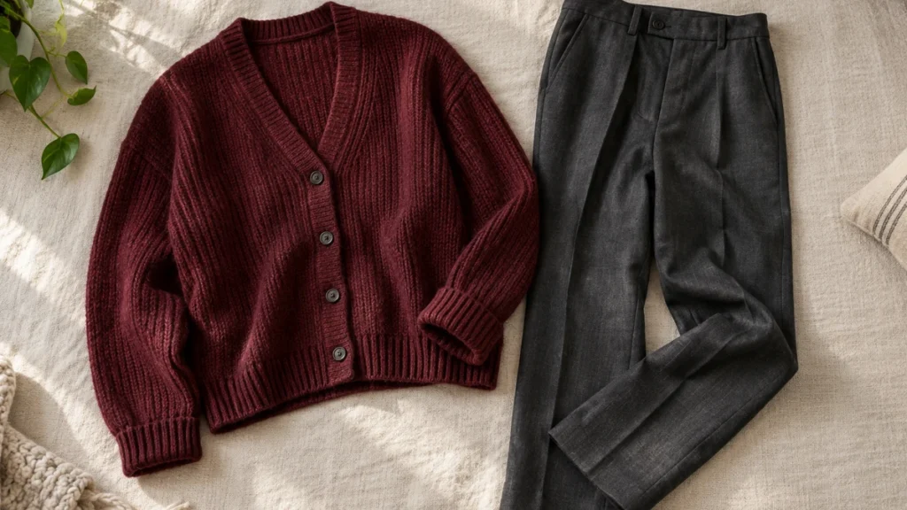 Flat-lay illustration of a burgundy knit cardigan beside charcoal trousers, showing an outfit pairing for visual virtual try-on exploration.