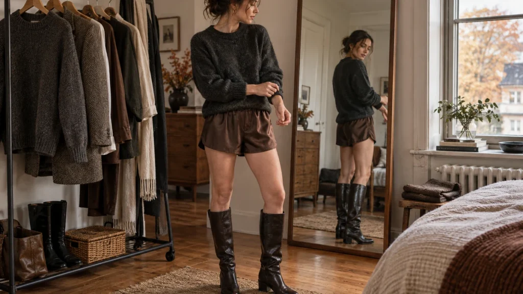 Editorial illustration of a woman selecting an autumn outfit beside a wardrobe rail, wearing a charcoal knit, chocolate silk shorts and dark knee-high boots.