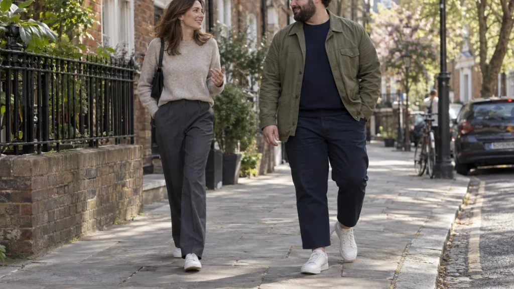 Street-style image of two adults wearing white trainers with dark trousers: one in full-length charcoal tailoring and one in cropped navy cotton trousers, showing different hem lengths and shoe weights.