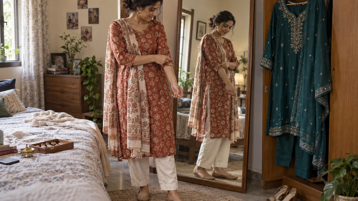 Illustration of a woman checking a printed kurta, straight trousers and flats in a bedroom mirror, with an embellished evening suit hanging nearby for Dussehra.