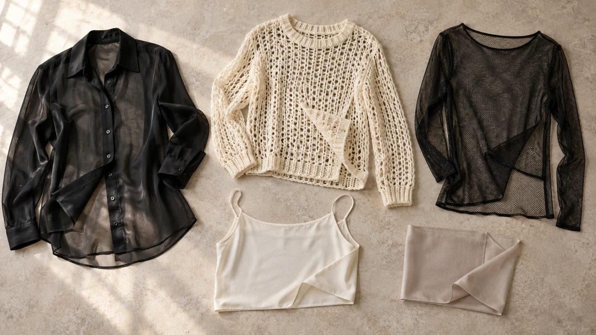 Illustrative flat lay of a black chiffon shirt, ivory open-knit jumper and dark mesh top beside an opaque camisole, highlighting sheer fabric textures and layering.