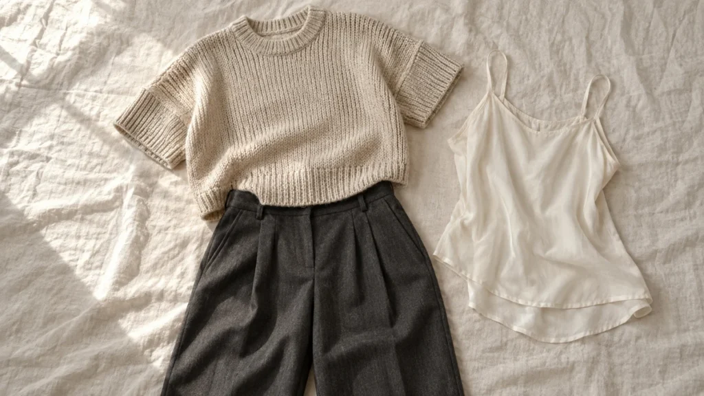 Fashion flat lay illustrating an oatmeal cropped knit overlapping charcoal high-rise trousers, with a lightweight cream camisole beside them as a layering option.