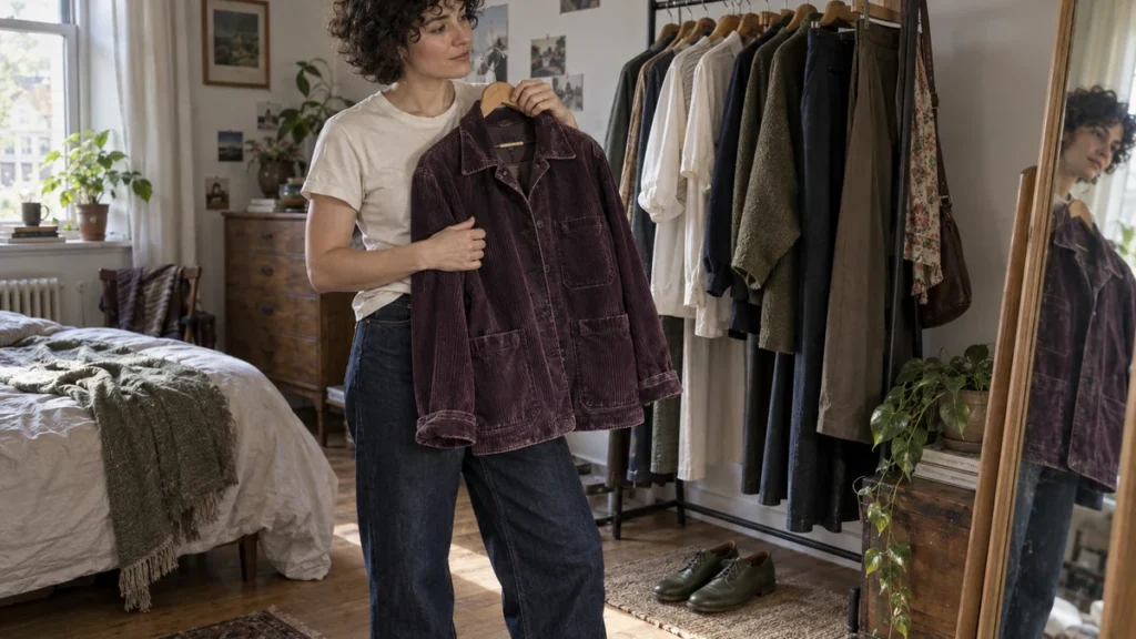 An adult selects a plum corduroy jacket from a bedroom wardrobe rail to personalize a cream T-shirt and jeans, with green leather shoes nearby.