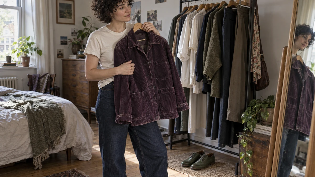 An adult selects a plum corduroy jacket from a bedroom wardrobe rail to personalize a cream T-shirt and jeans, with green leather shoes nearby.