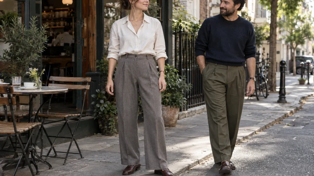 Street-style image of an adult standing in grey pleated trousers with folds resting close, beside a walking companion whose olive trouser pleats open gently with movement.