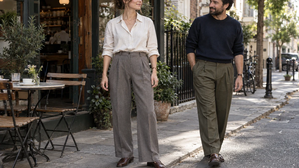 Street-style image of an adult standing in grey pleated trousers with folds resting close, beside a walking companion whose olive trouser pleats open gently with movement.