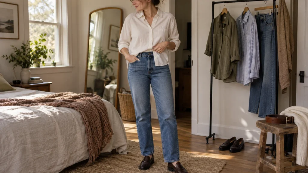 Fashion illustration of an adult wearing an ivory shirt with a small front tuck into straight-leg jeans, beside a wardrobe rail with alternative shirts.