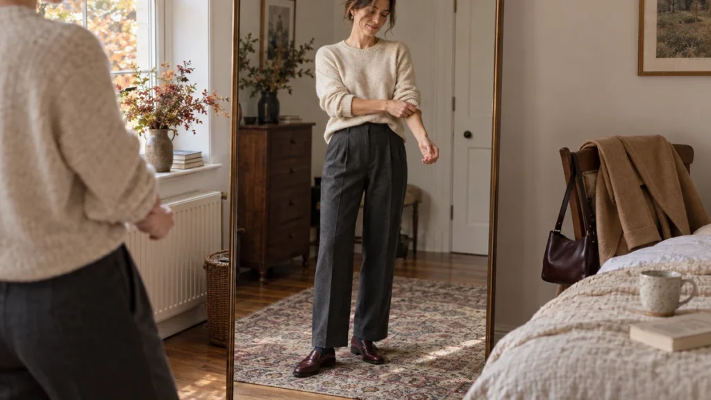 At-home mirror illustration of an adult wearing charcoal tailored trousers, an oatmeal knit and burgundy loafers for an autumn theatre matinee, with a camel coat nearby.