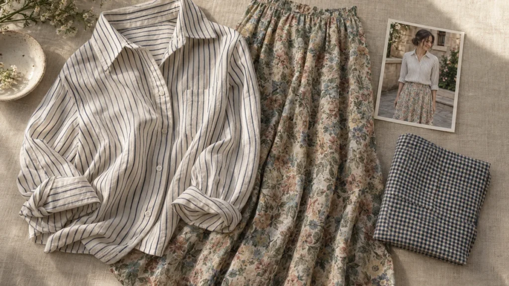 Illustrative flat lay of striped and floral garments beside a virtual try-on portrait, highlighting differences in print placement and fabric detail.