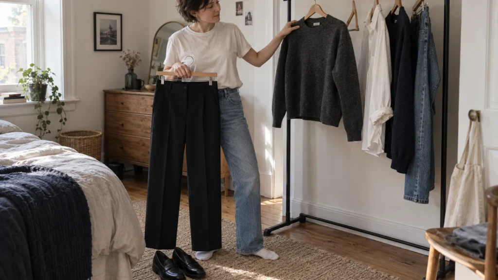 A person selects a charcoal crewneck knit and pressed black trousers beside a wardrobe rail, with worn loafers below, illustrating 90s minimalist styling with existing clothes.