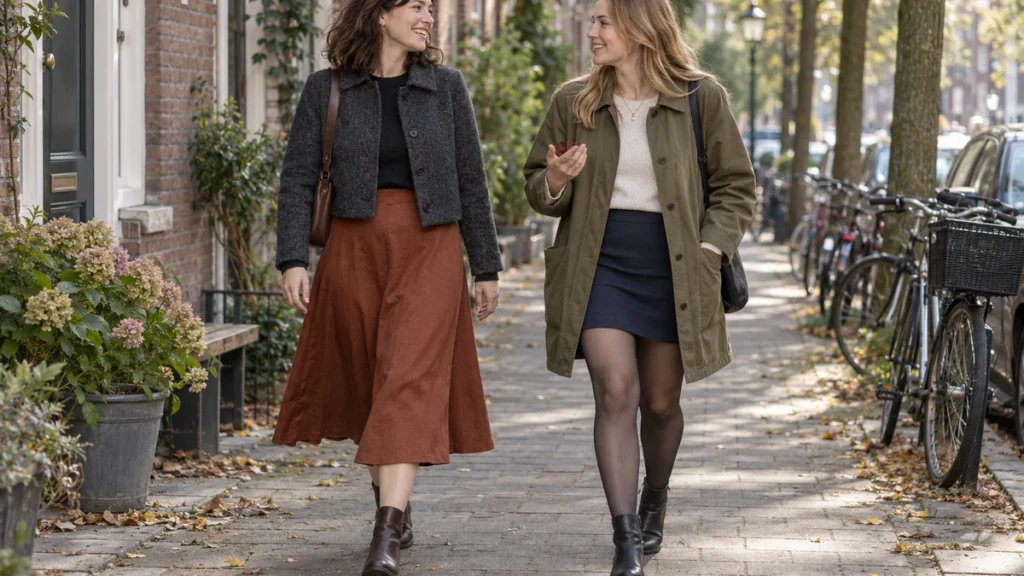 Street-style illustration of two adults walking in a neighbourhood, comparing a cropped jacket above a midi skirt with a longer open jacket extending below a short skirt.